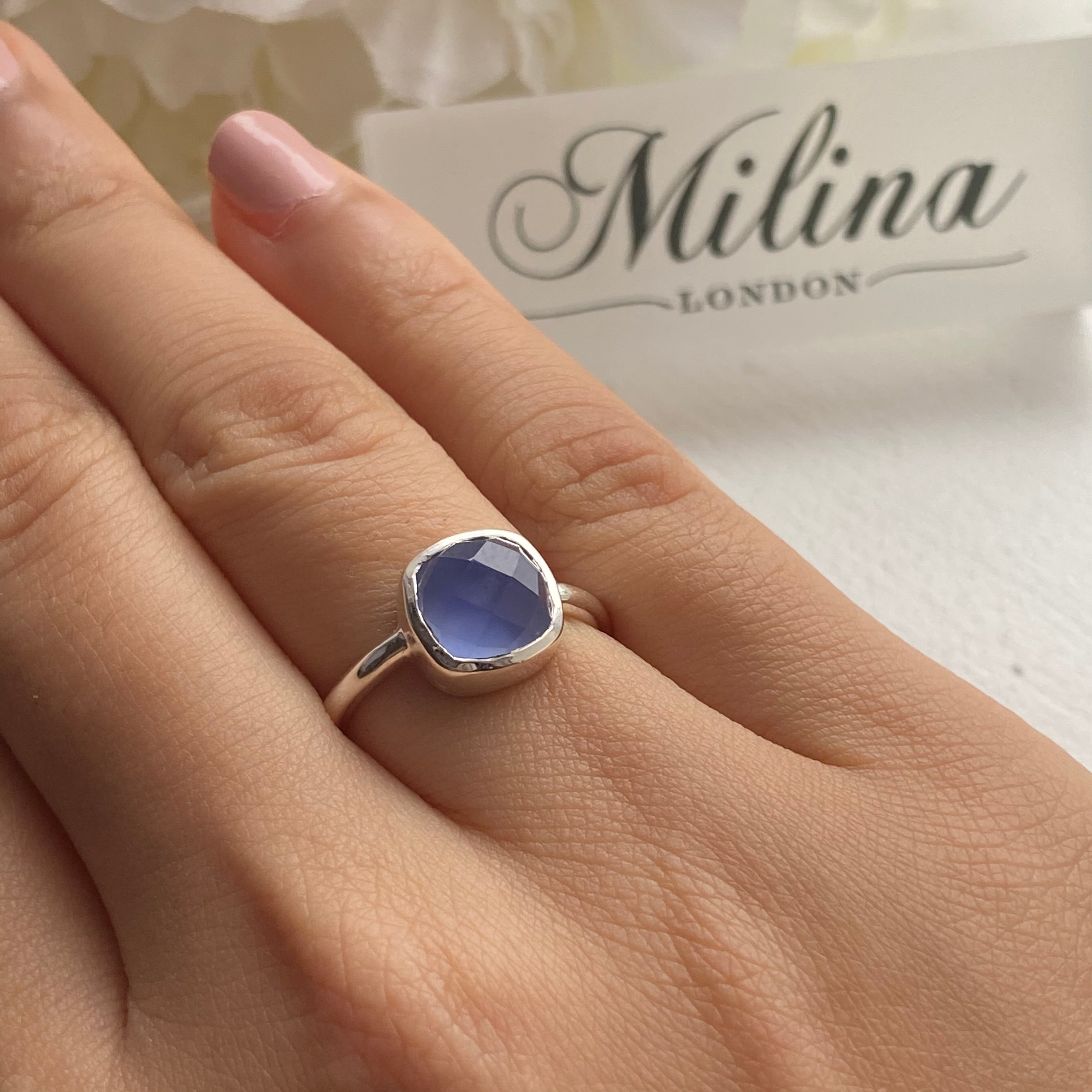 Faceted Square Cut Natural Gemstone Sterling Silver Solitaire Ring - Blue Chalcedony