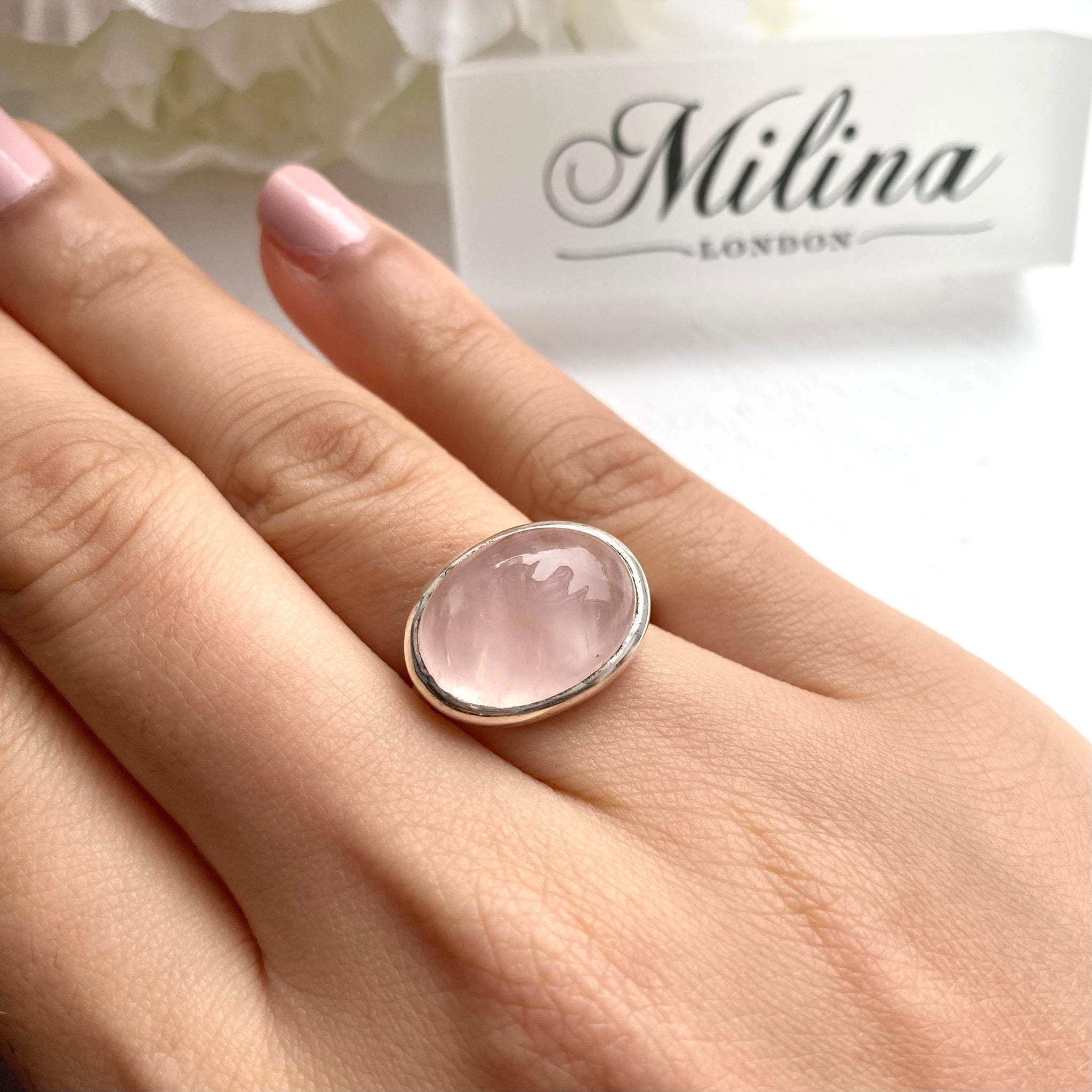 Cabochon Oval Cut Natural Gemstone Sterling Silver Ring Rose Quartz