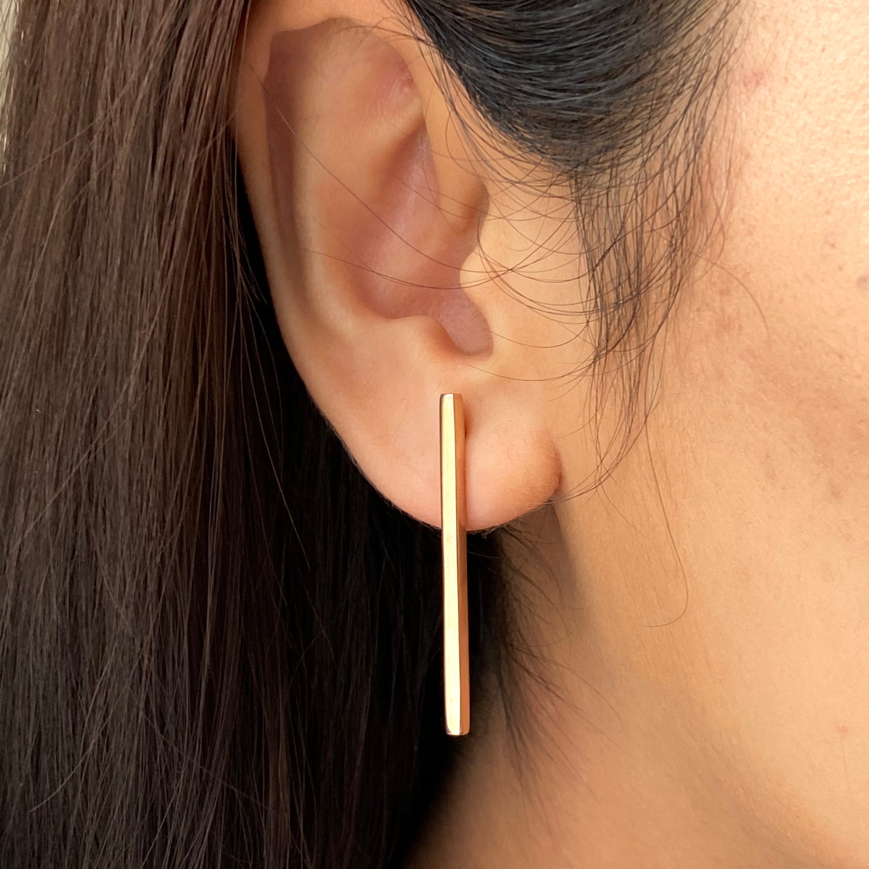Long Cuboid Shaped Straight Bar Rose Gold Plated Sterling Silver Earrings