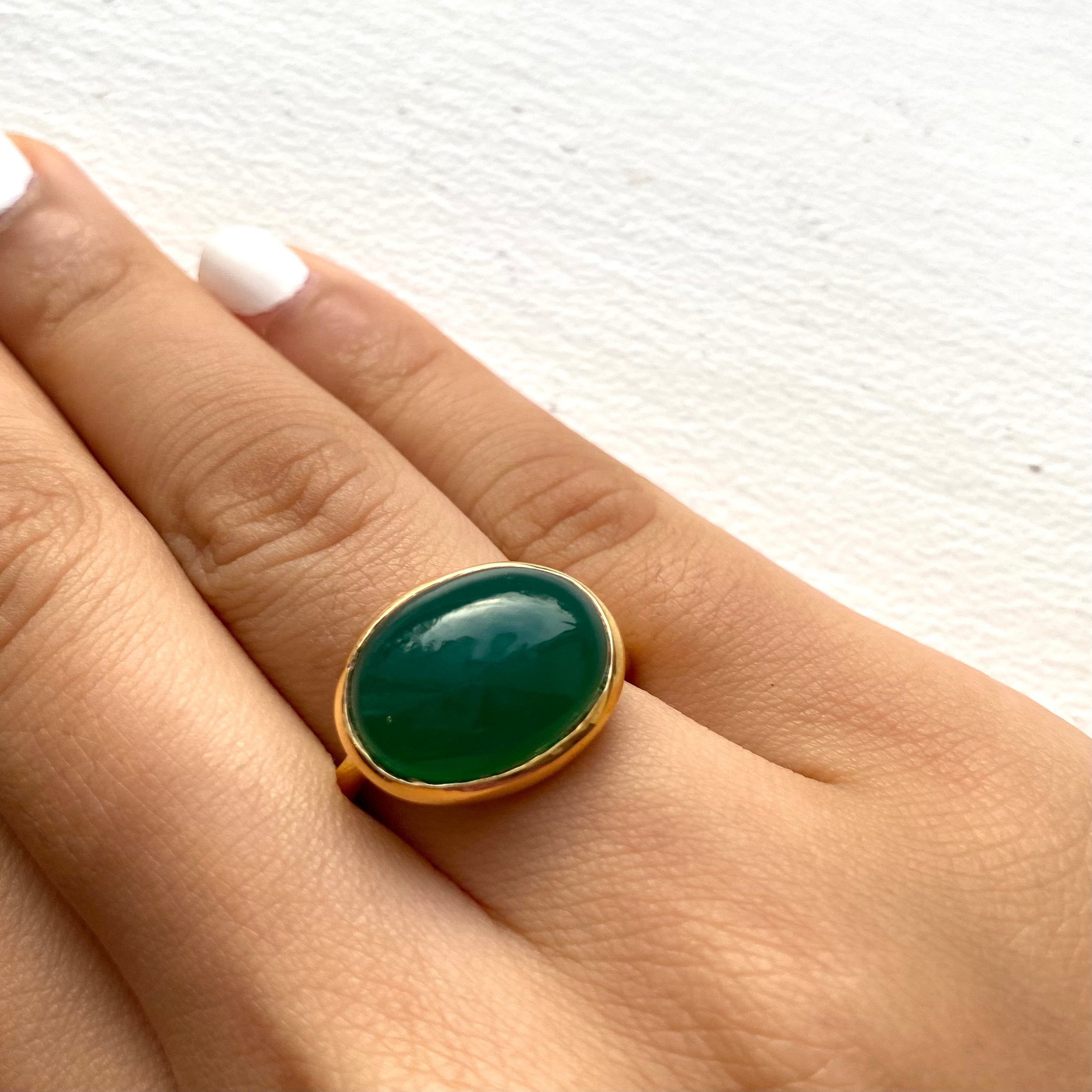 Cabochon Oval Cut Natural Gemstone Gold Plated Sterling Silver Ring - Green Onyx