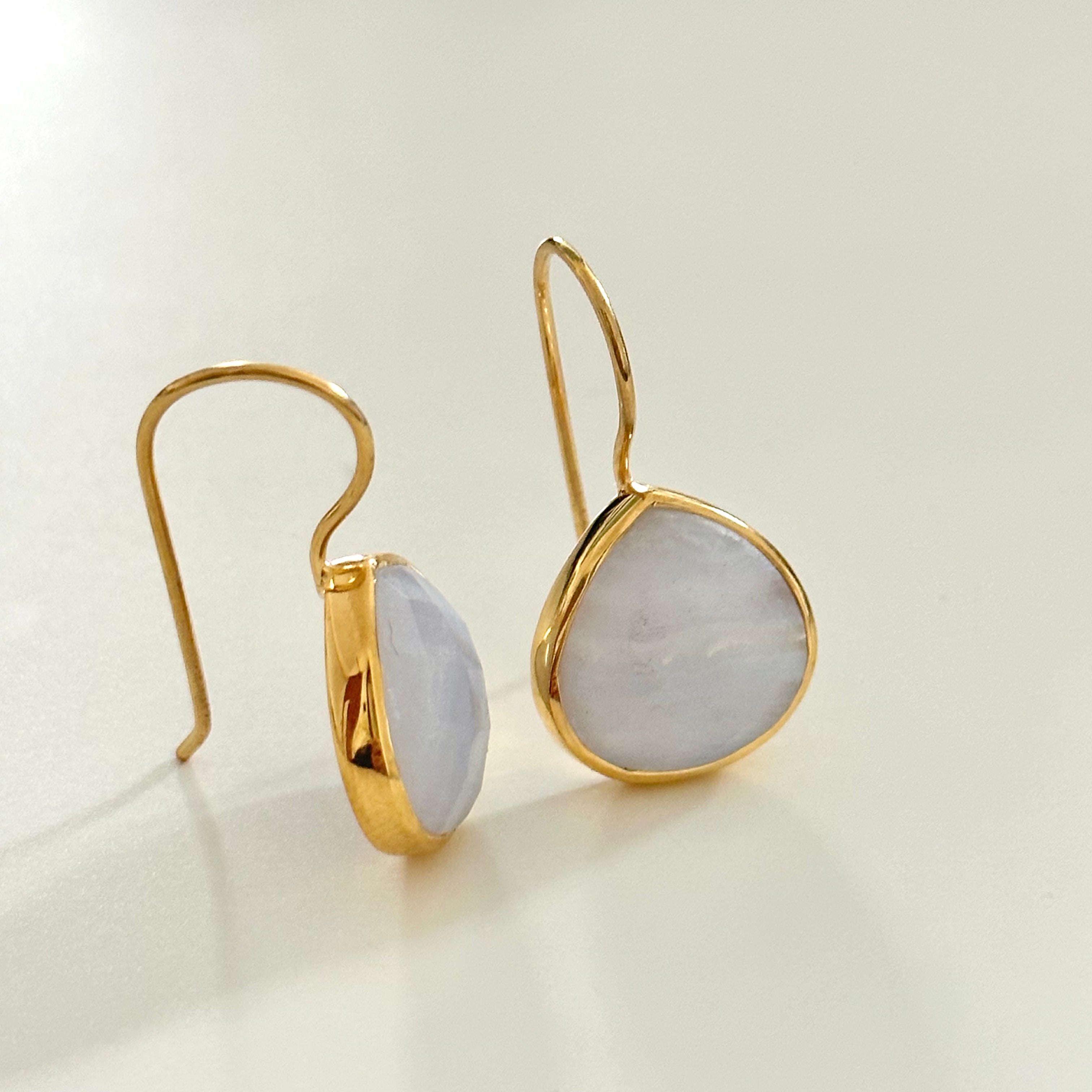 Blue Laced Agate Gemstone Gold Plated Sterling Silver Teardrop Earrings