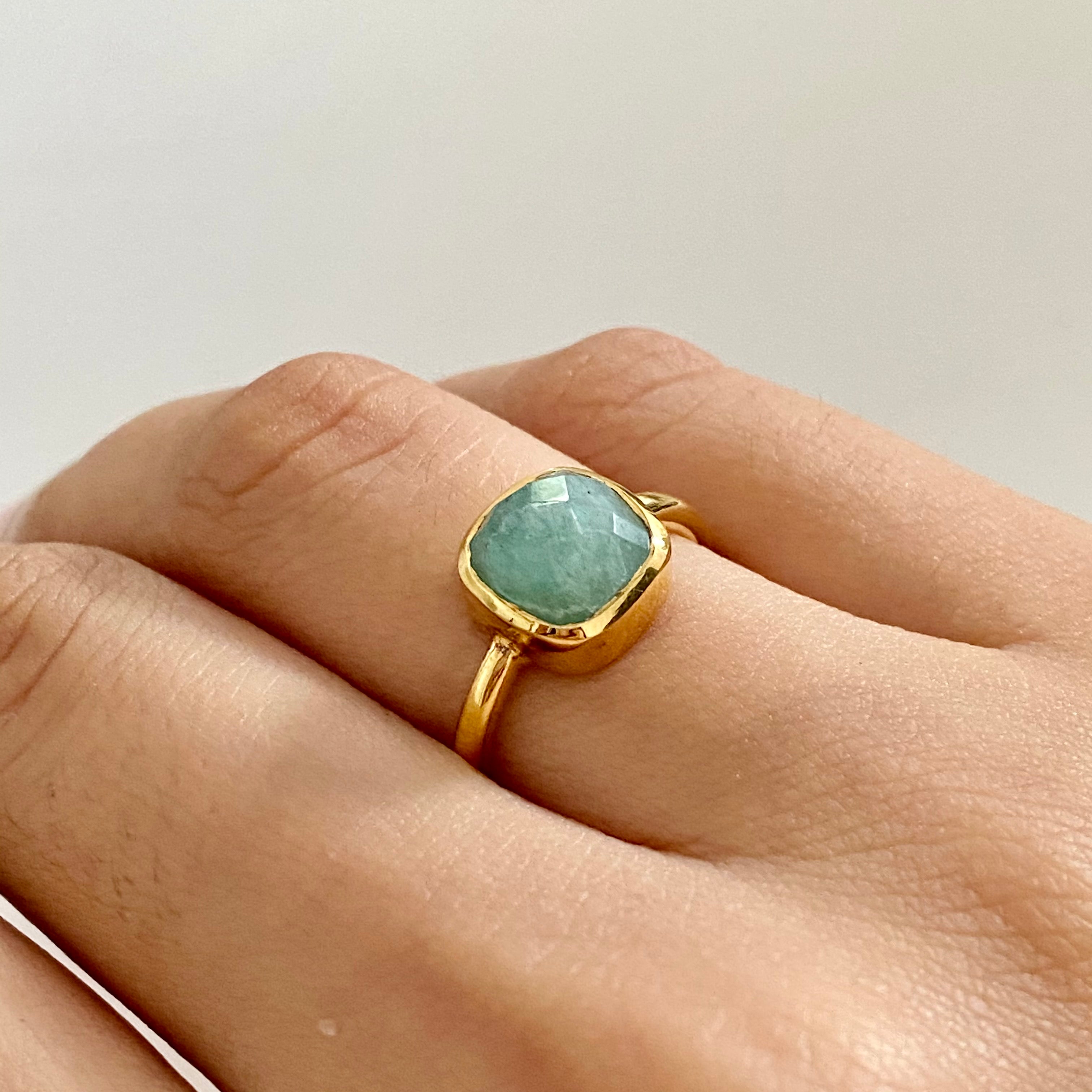 Faceted Square Cut Natural Gemstone Gold Plated Sterling Silver Solitaire Ring - Amazonite