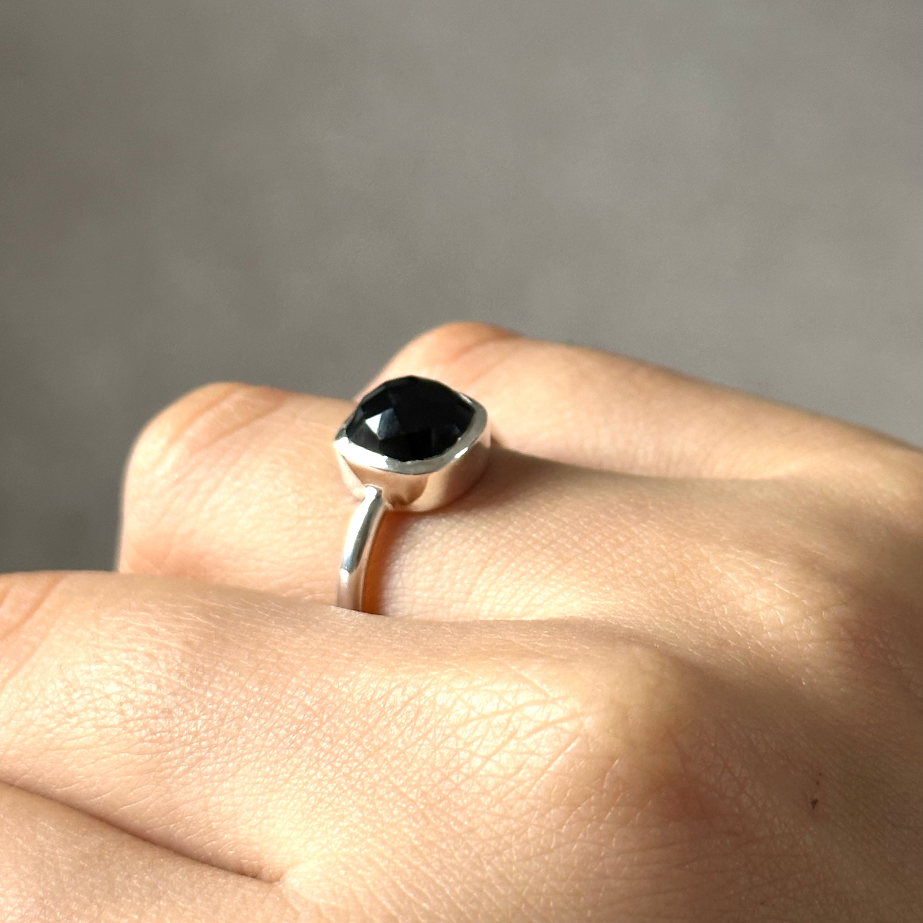 Square Cut Natural Gemstone Sterling Silver Solitaire Ring - Black Onyx