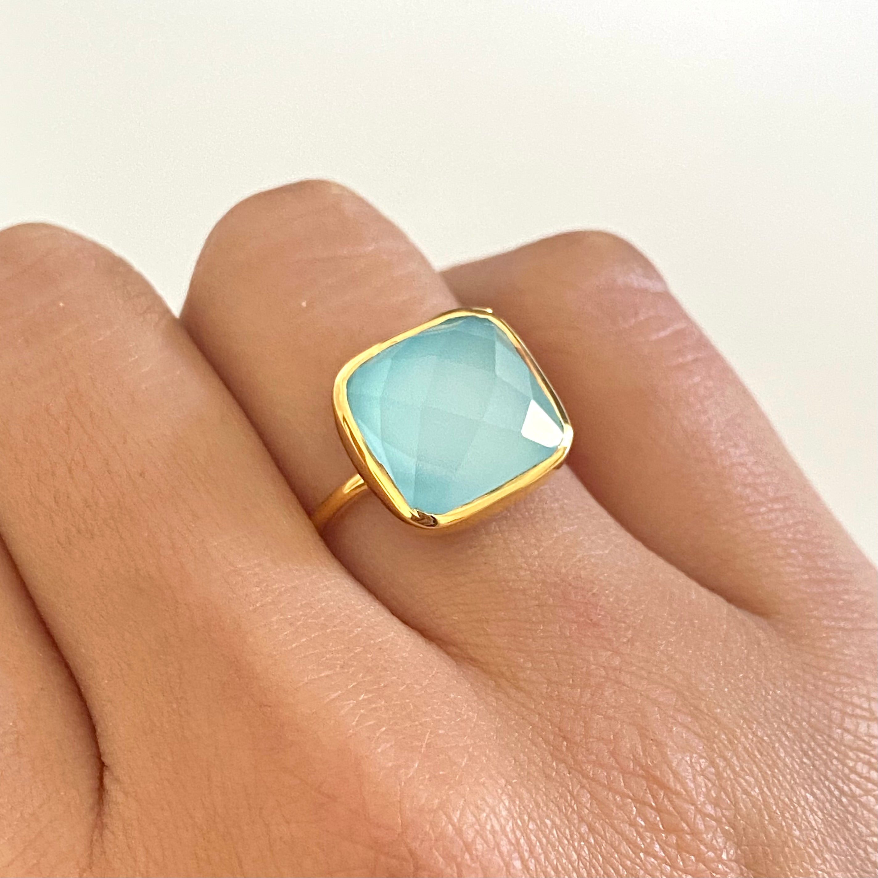 Aqua Chalcedony Gold Plated Silver Ring with Square Semiprecious Stone 