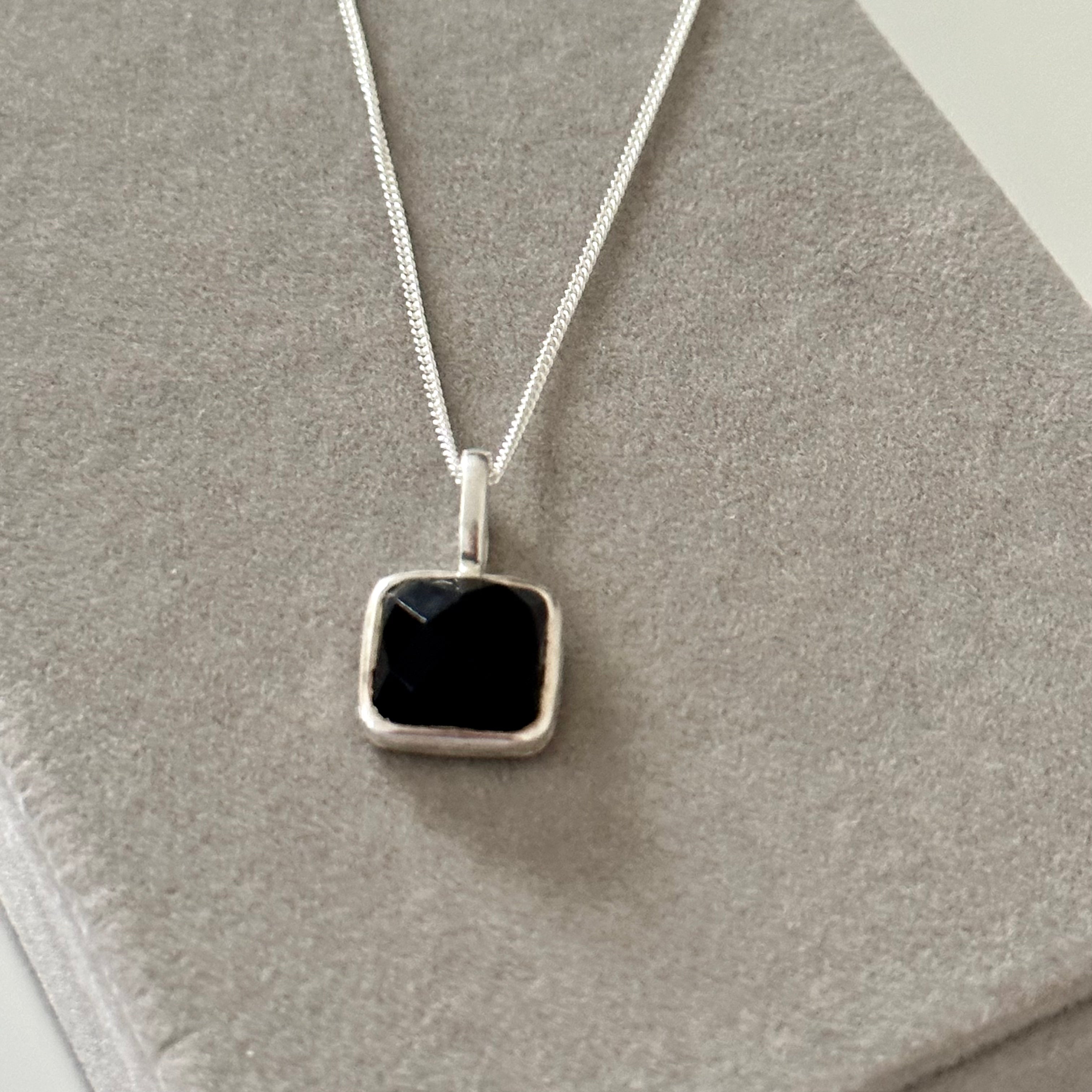 Sterling Silver Pendant Necklace with a Faceted Square Gemstone - Black Onyx