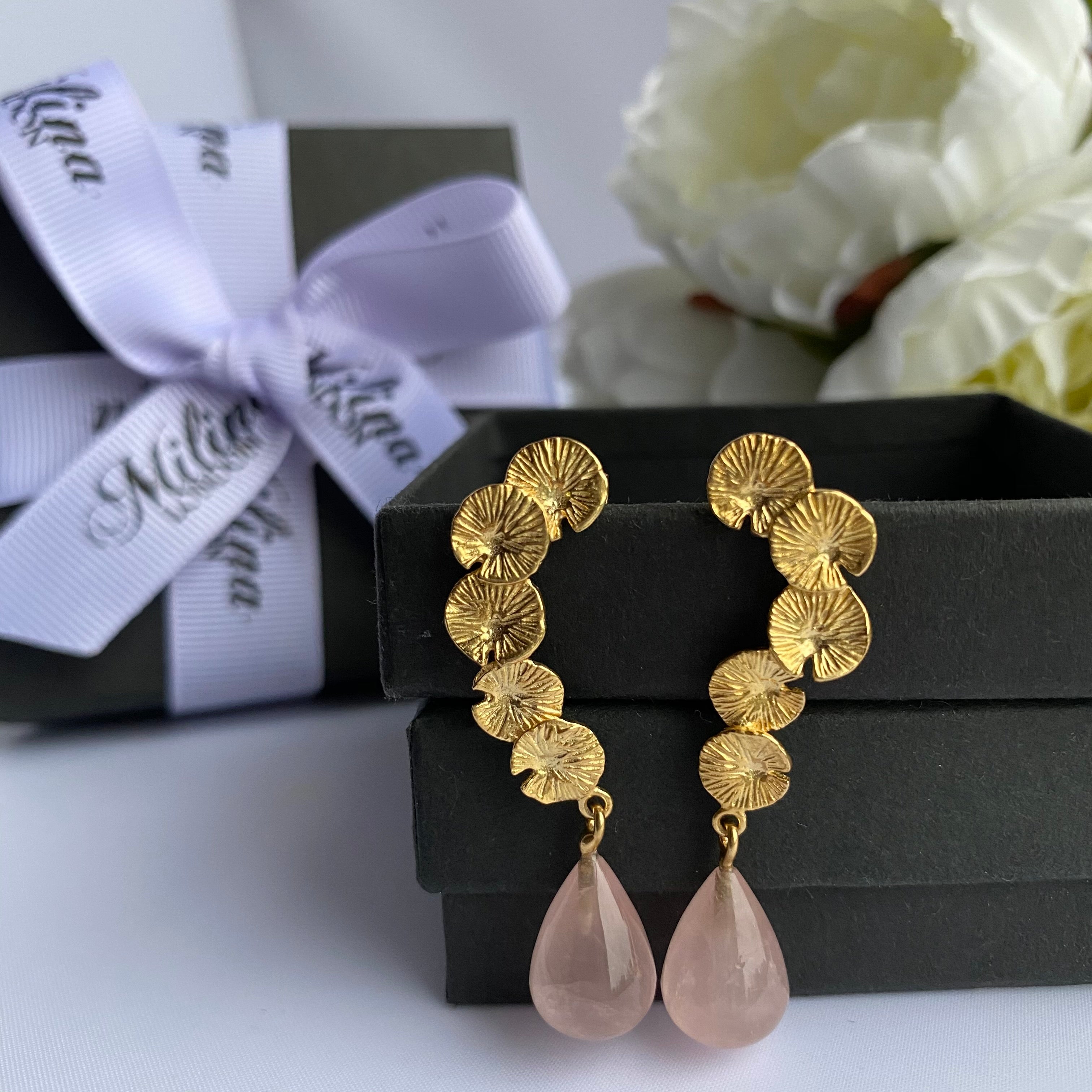 Lily Pad Earrings in Gold Plated Sterling Silver with a Rose Quartz Stone Drop