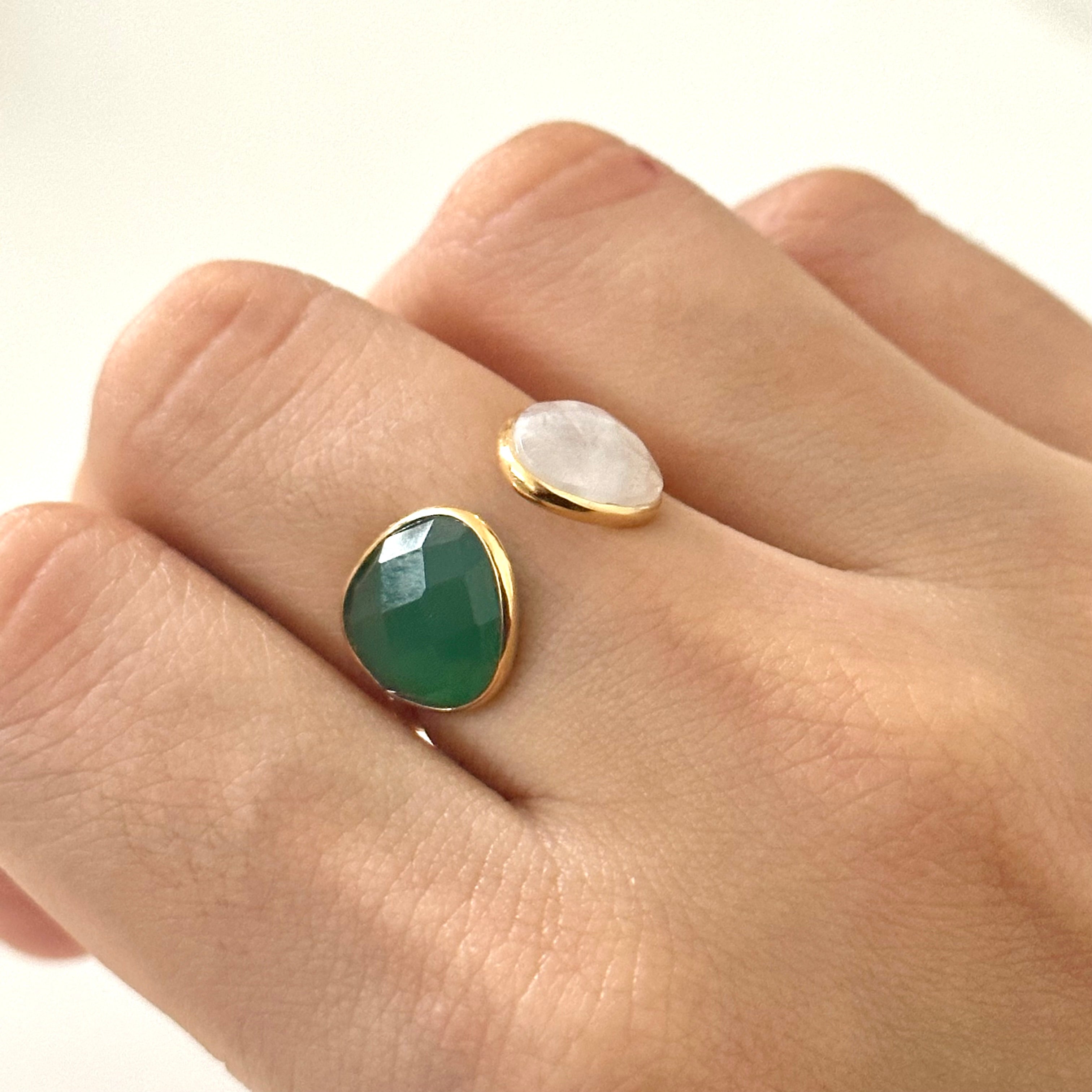 Gold Plated Sterling Silver Two Gemstone Ring with Green Onyx and Moonstone