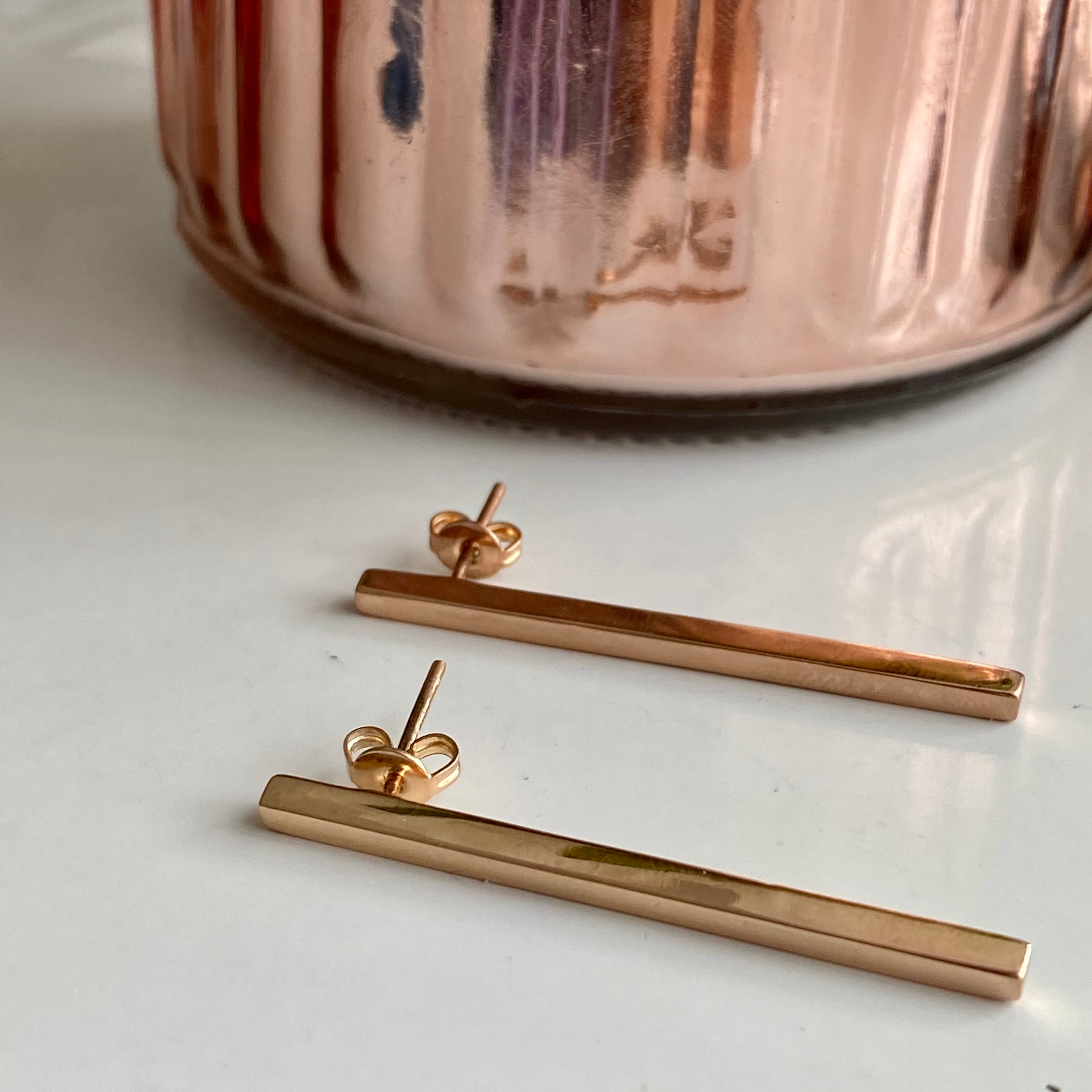Long Cuboid Shaped Straight Bar Rose Gold Plated Sterling Silver Earrings