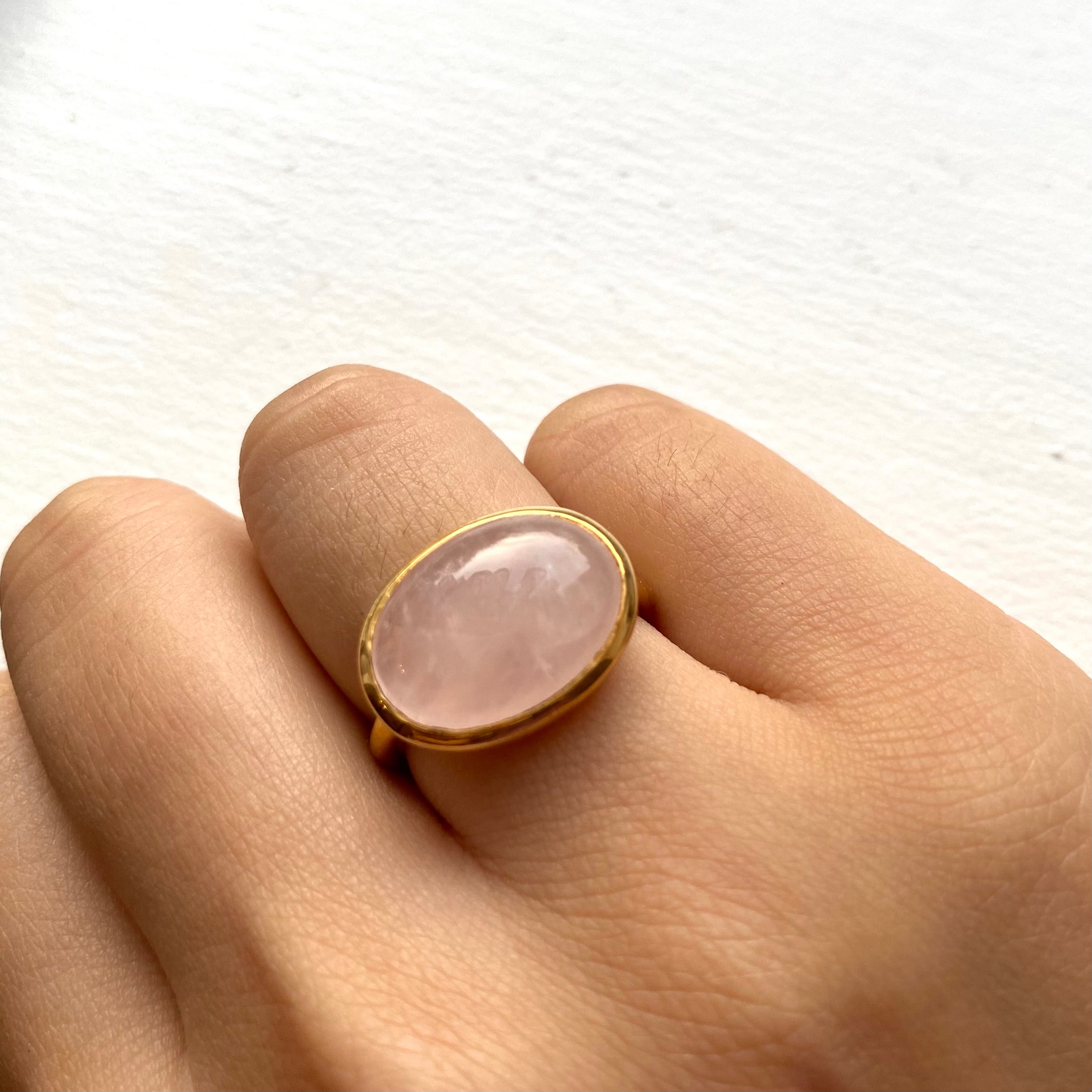 Cabochon Oval Cut Natural Gemstone Gold Plated Sterling Silver Ring - Rose Quartz