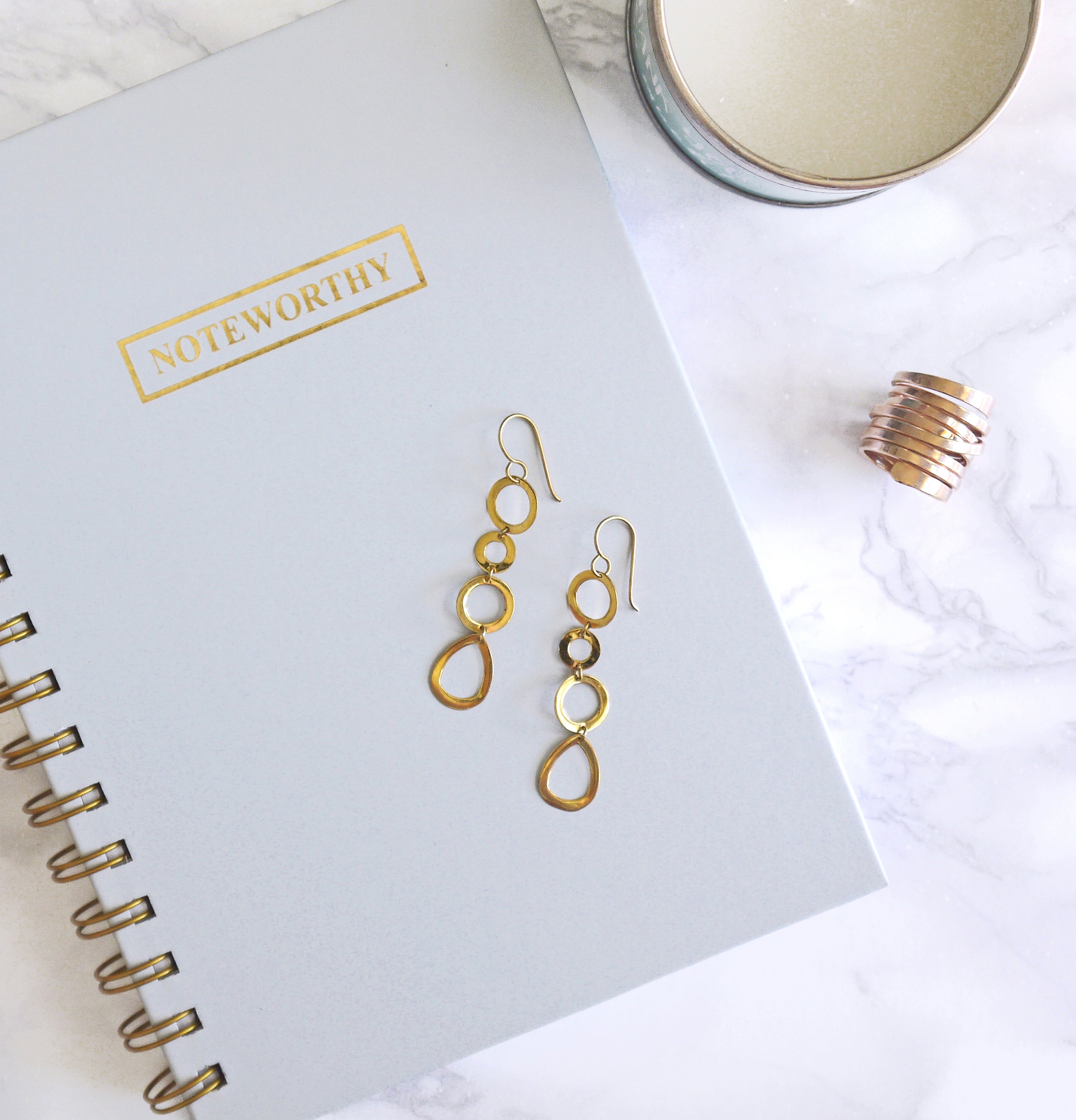 Gold Plated Sterling Silver Long Earrings with Round and Tear Drop Shaped Rings
