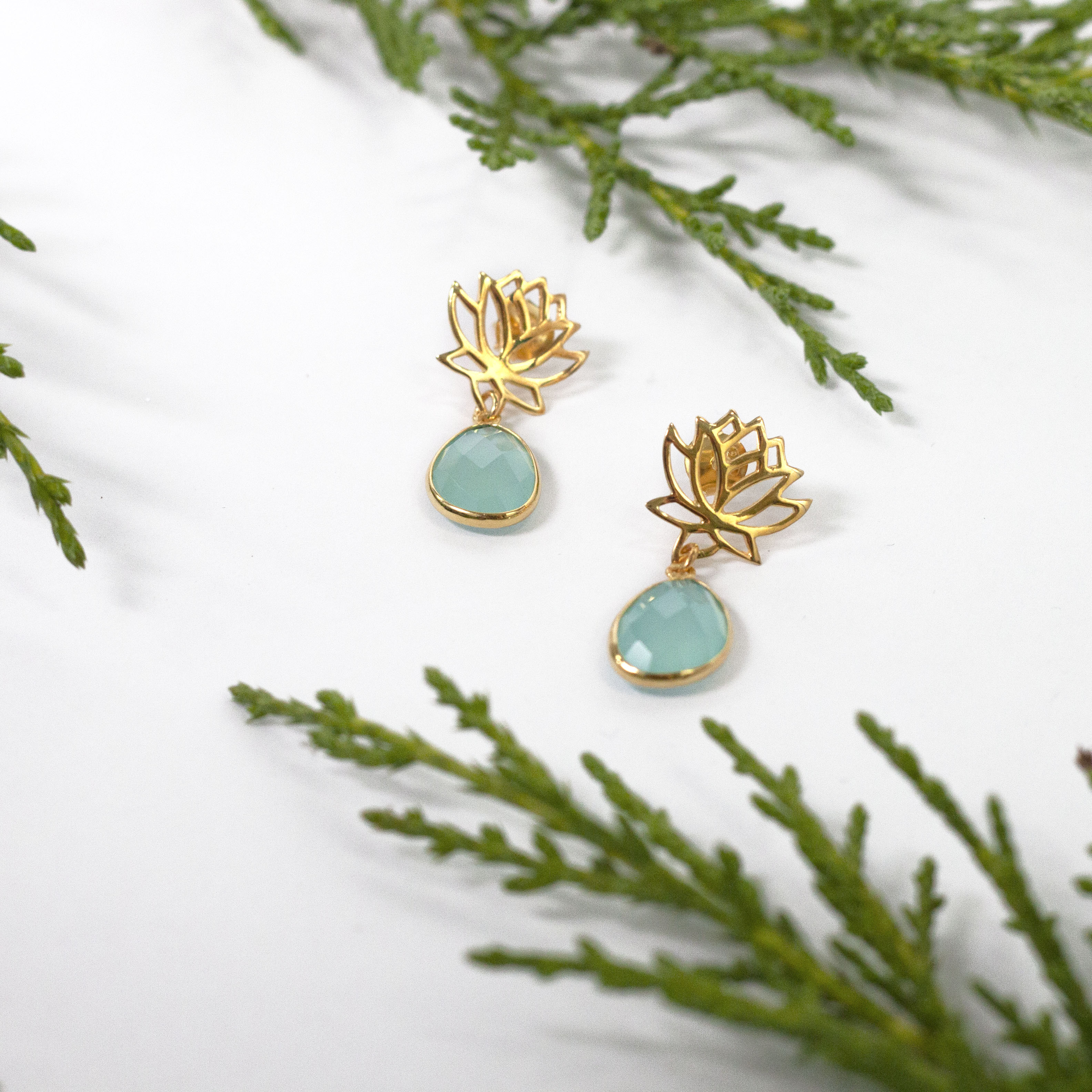 Lotus Earrings in Gold Plated Sterling Silver with an Aqua Chalcedony Gemstone Drop
